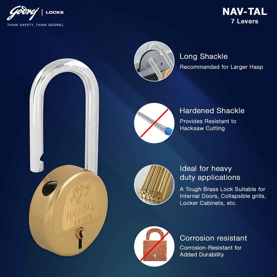 Godrej Locks navtal 7 levers long shackles hardened padlock 3597 Painted Finish 3 Key Brass Golden