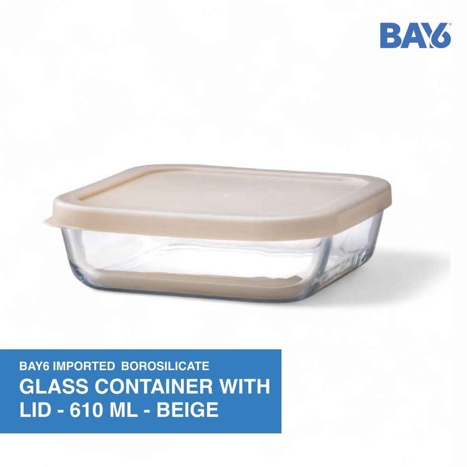 BAY6 Premium Imported Borosilicate Glass Container with Lid - 610 ml - Beige