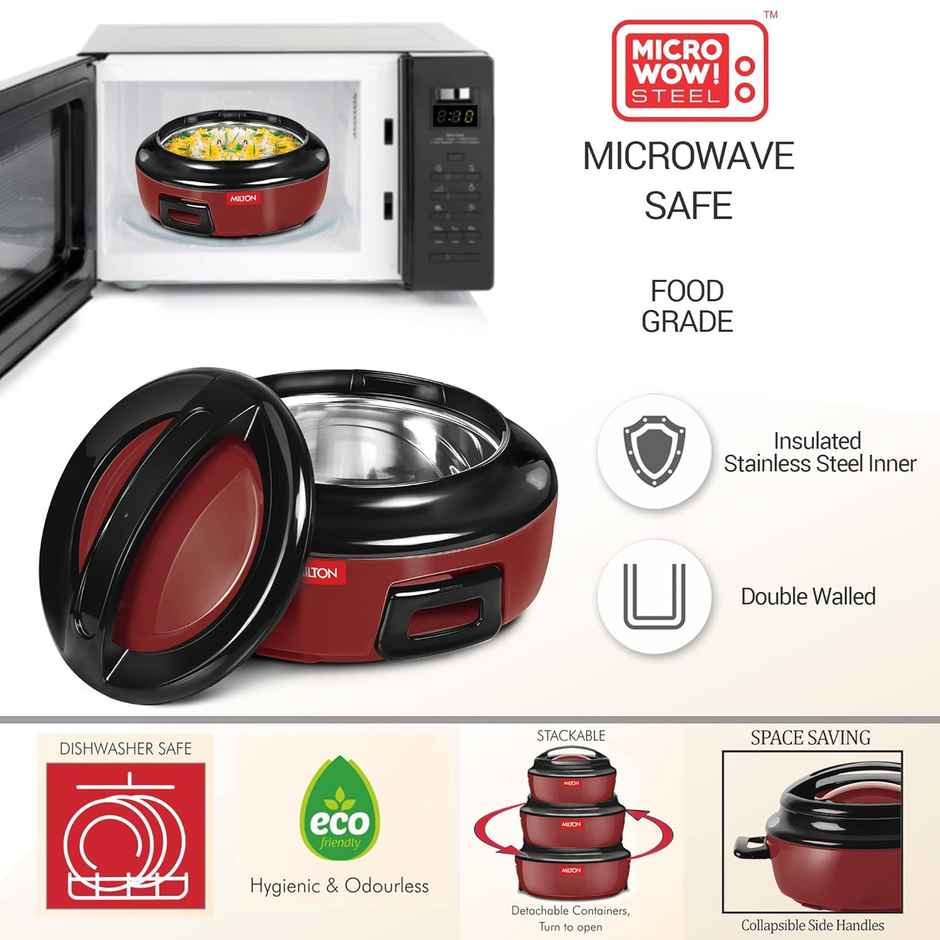 Milton Ernesto Inner Stainless Steel Casserole Set Of 3 | 420 ml, 850 ml, 1.43 Liters | Red