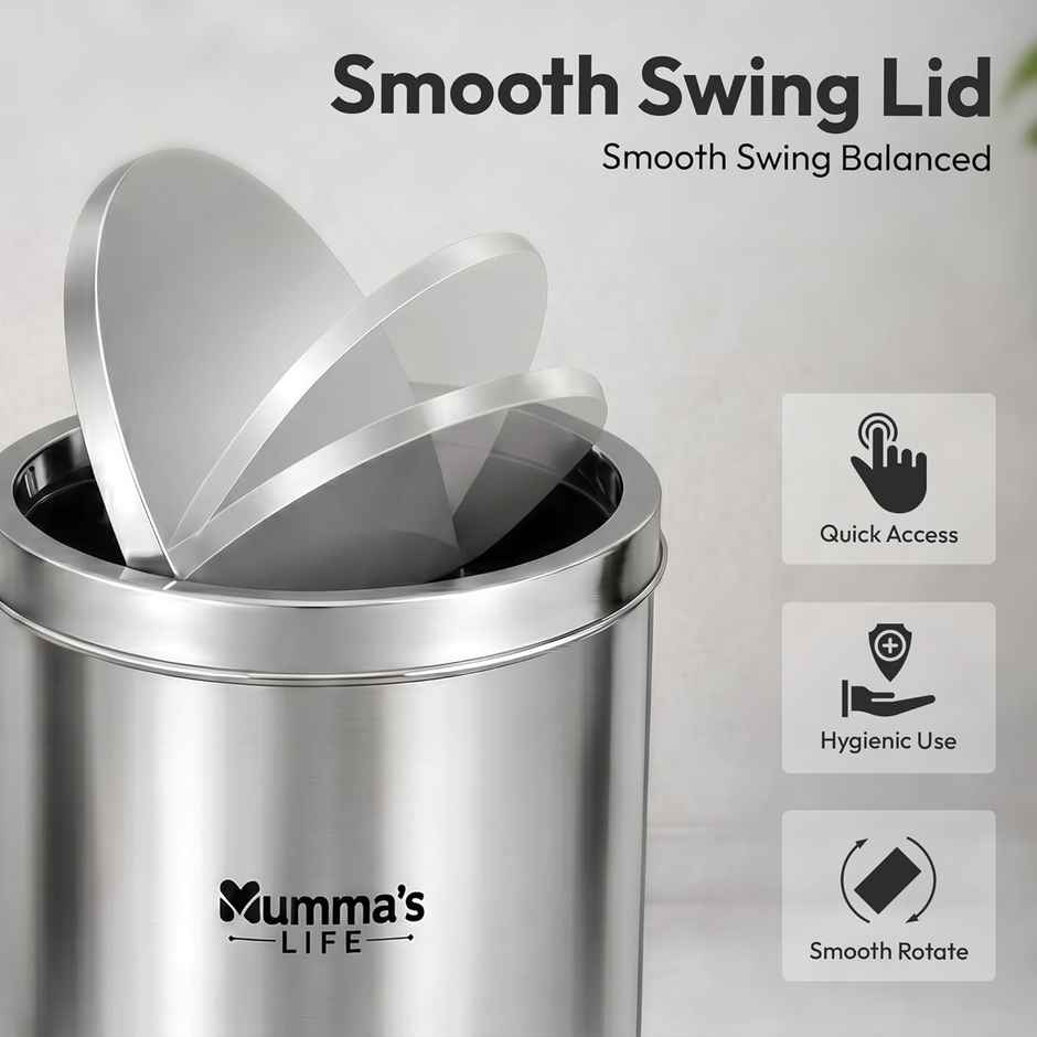 Mumma's Life Stainless Steel Swing Dustbin with Lid | 18 L | For Home, Kitchen, Washroom, Bathroom & Office | 10 x 14 Inch