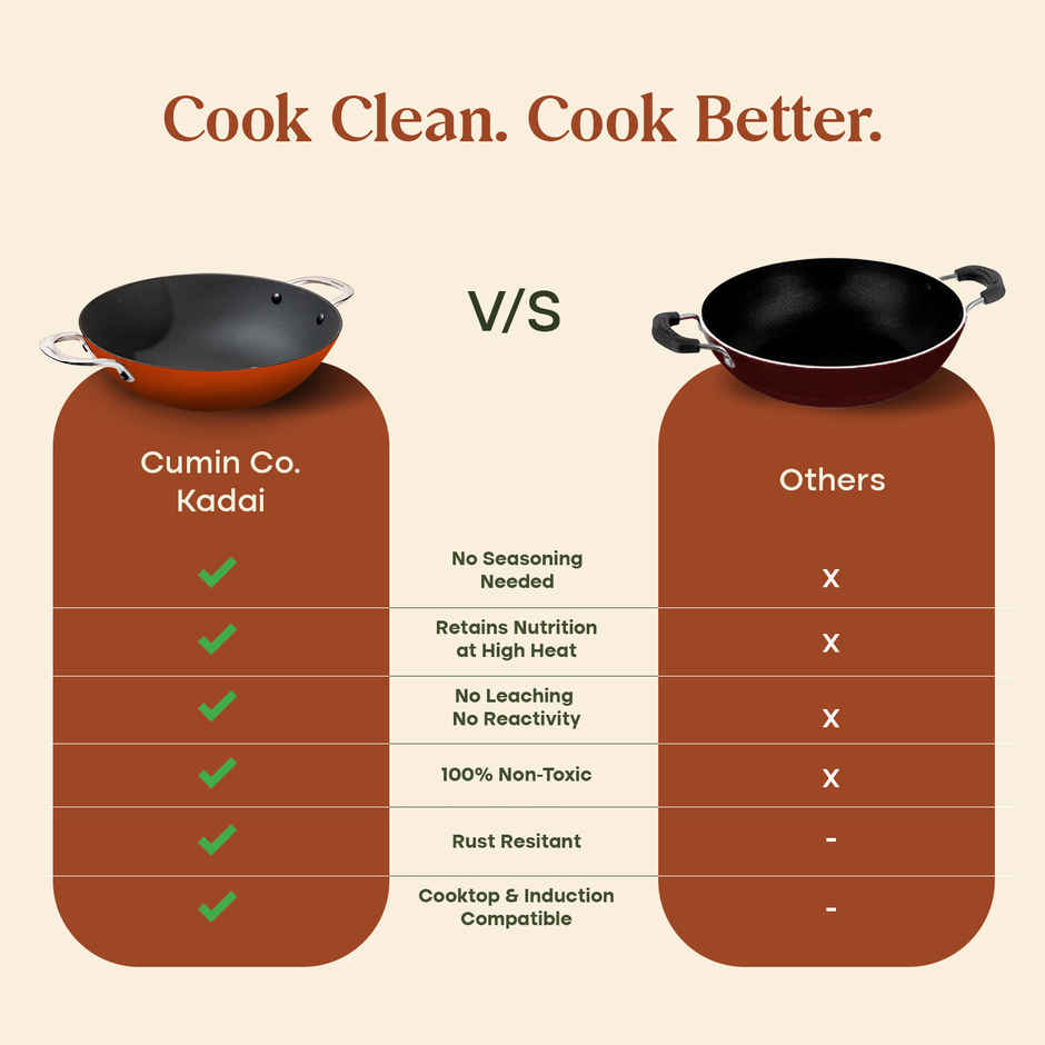 Cumin Co. Cast Iron Kadai Lite with Lid | Frying Kadhai | Rust | 2 L