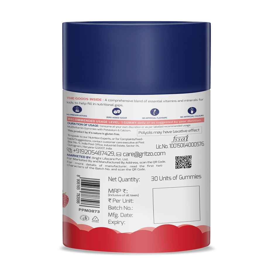 Gritzo Super Gummies, Multivitamin For Kids (Natural Strawberry Flavour, 30 Gummies)