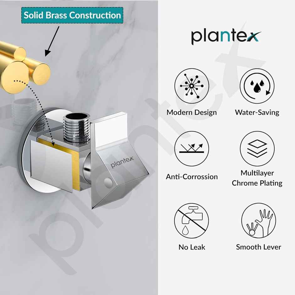 Plantex PRI-305 Brass Angle Valve - Teflon Tape & Wall Flange | Mirror Chrome