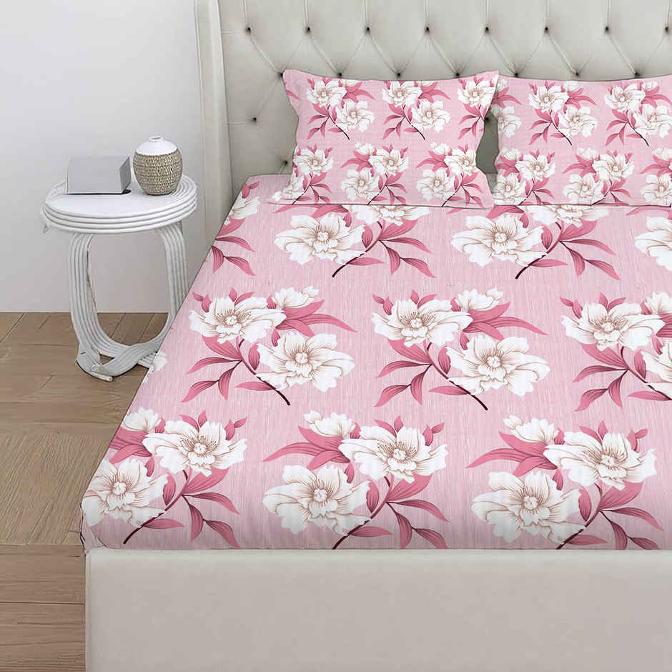 BAY6 Microfibre Floral Print Double Bedsheet - Pink | 215 x 230 cm + Two Pillow Covers