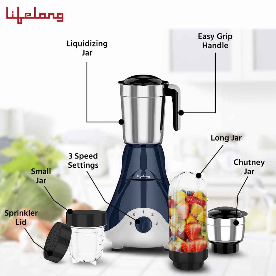 Lifelong Mixer Grinder | 500 W | 4 Jars - 2 Stainless Steel Jars and 2 Nutri bullet Jars for Smoothie & Blending - Blue