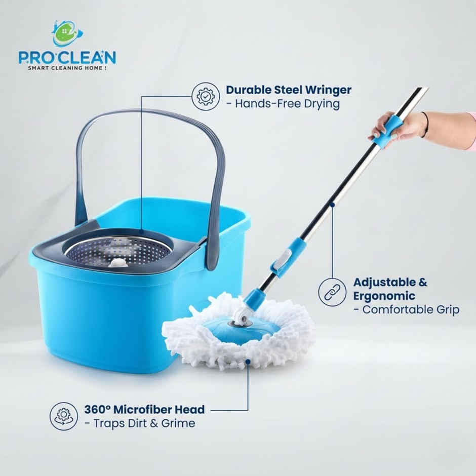 Proclean Elegant Bucket Spin Mop | With Telescopic Rod - 19-22 mm | With 2 Microfiber Mop