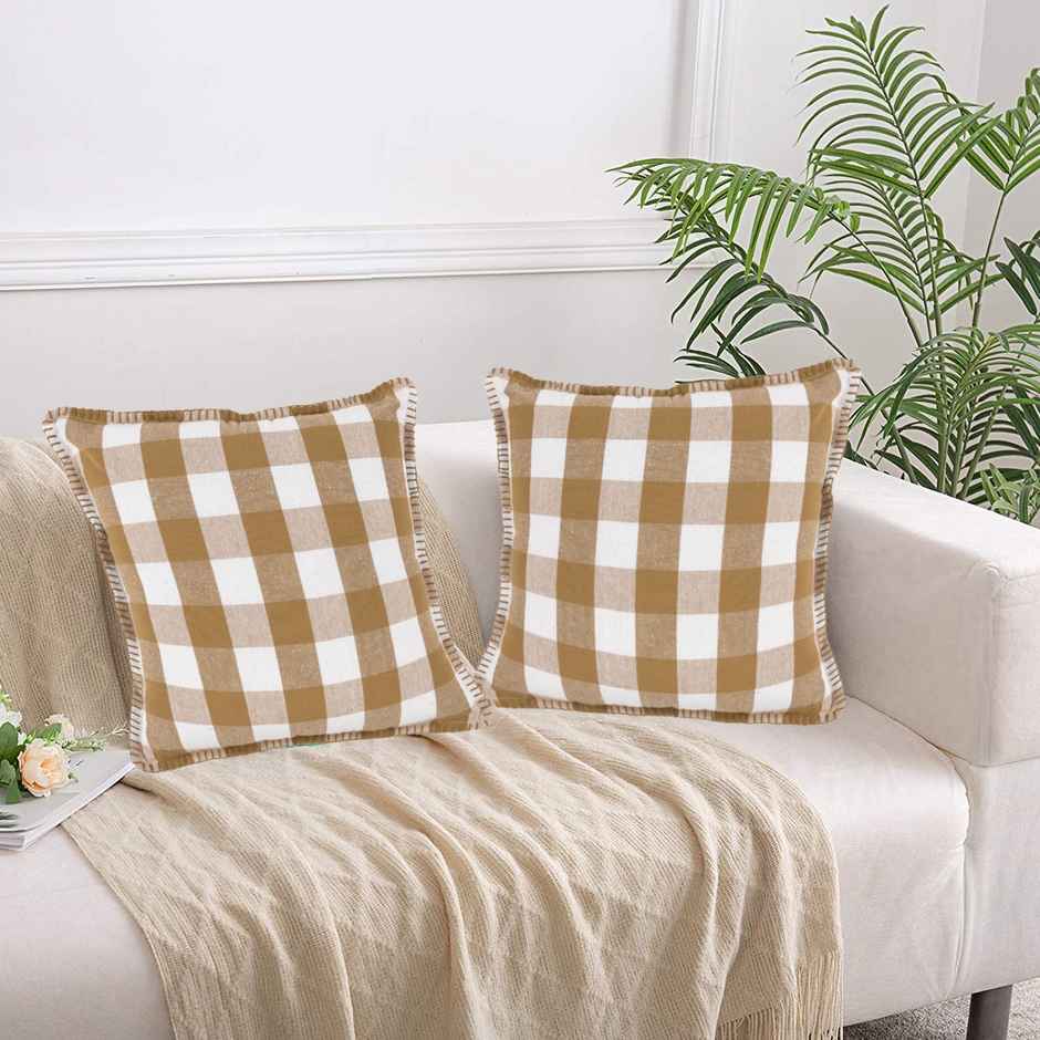 Lushomes Cotton Cushion Covers - Beige White Checks | Blanket Stitch | 24 x 24 inch