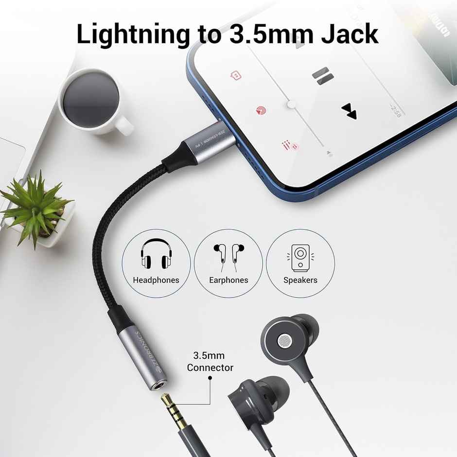 Zebronics LTAux10, Lightning to 3.5 mm Converter, Built-in DAC Chip, Braided Cable