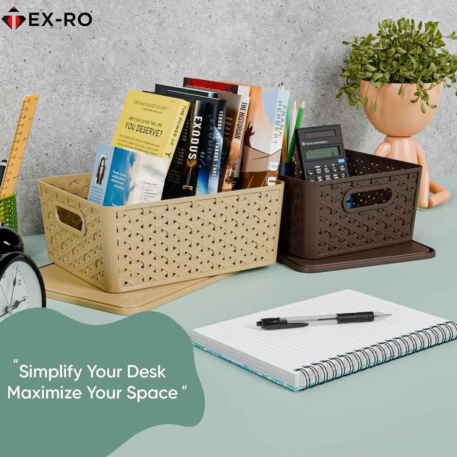 Tex-Ro Plastic Woven Design Side Handle Multipurpose Storage Basket with Lid | Pack of 3