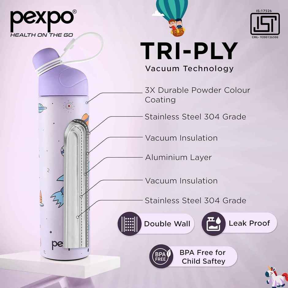 Go24 | Pexpo Pico Cute Sipper | 500 ml | Hot & Cold Steel Bottle | Rocket Uv Printed Design