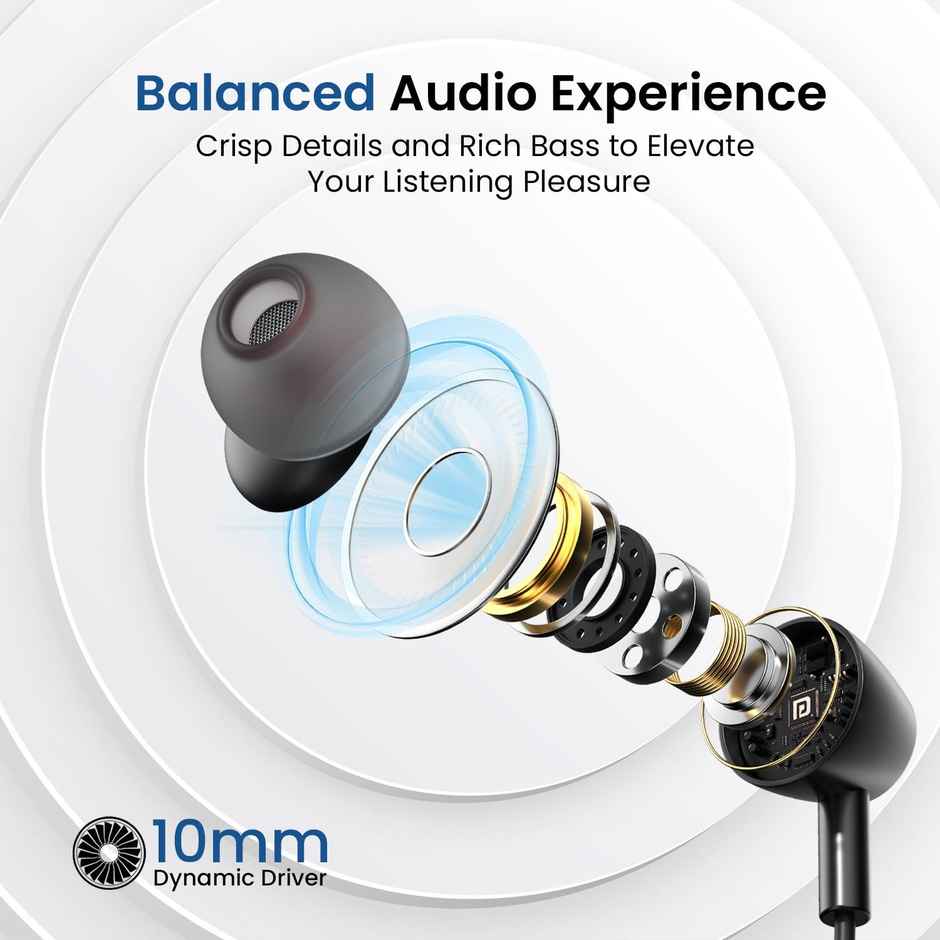 Portronics Harmonics Z10 in Ear Bluetooth Headphone with Mic, 35Hour Playtime,10mm Driver, Magnetic Earbuds, Voice Assistant, Bluetooth 5.3V, IPX4 Water/Sweat Resistance, Type C Fast Charging - Black