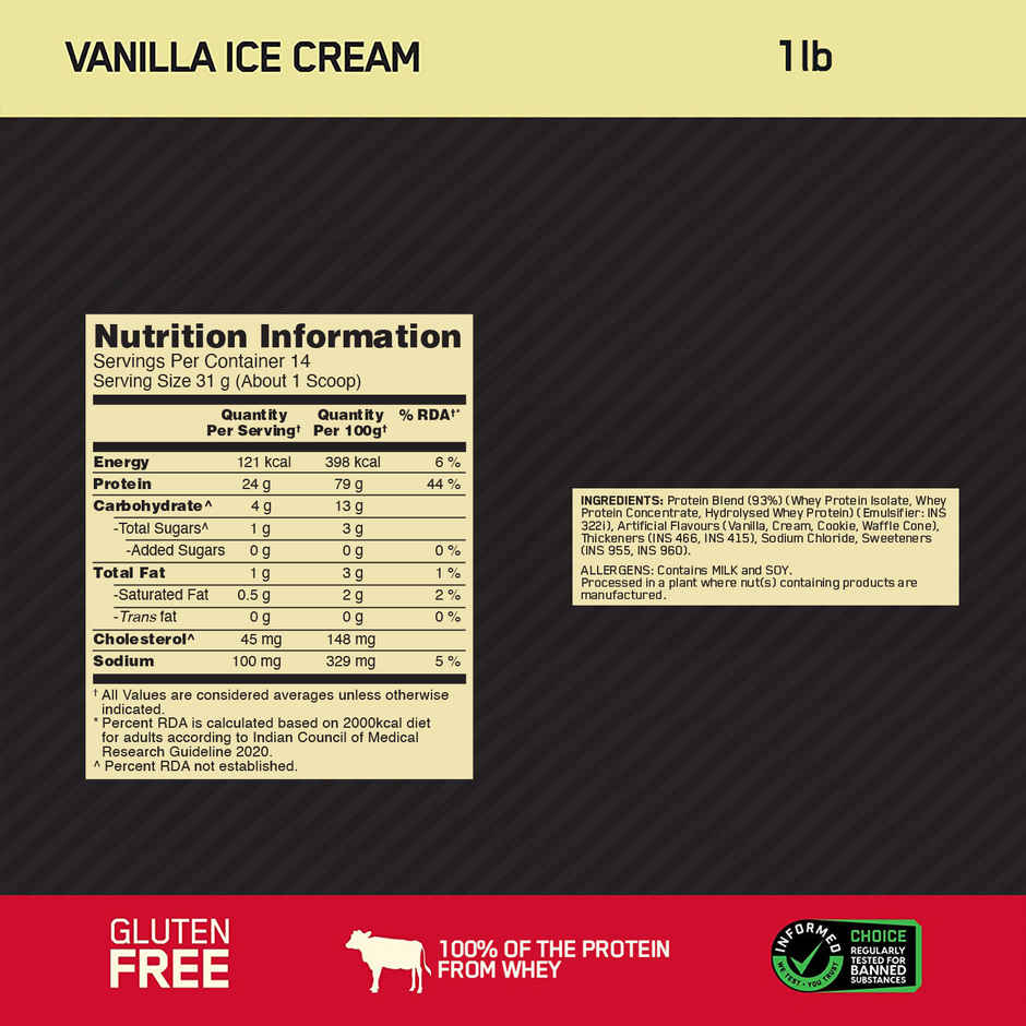 Optimum Nutrition (On) Pure Whey Gold Standard Powder Vanilla Ice Cream1 Lb