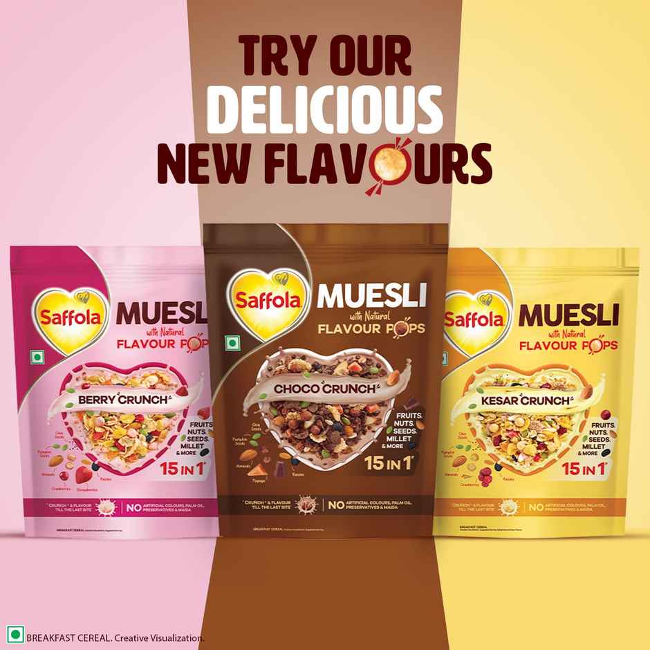 Saffola Muesli Choco Crunch with Flavour Pops | 15 in 1 Fruit and Nuts, Seeds | Millet & more