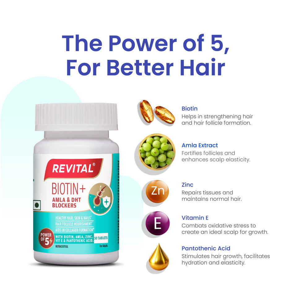 Revital Biotin with Zinc + DHT Blockers for Hair Growth | Vitamin E & Pantothenic Acid | 50 Tablets