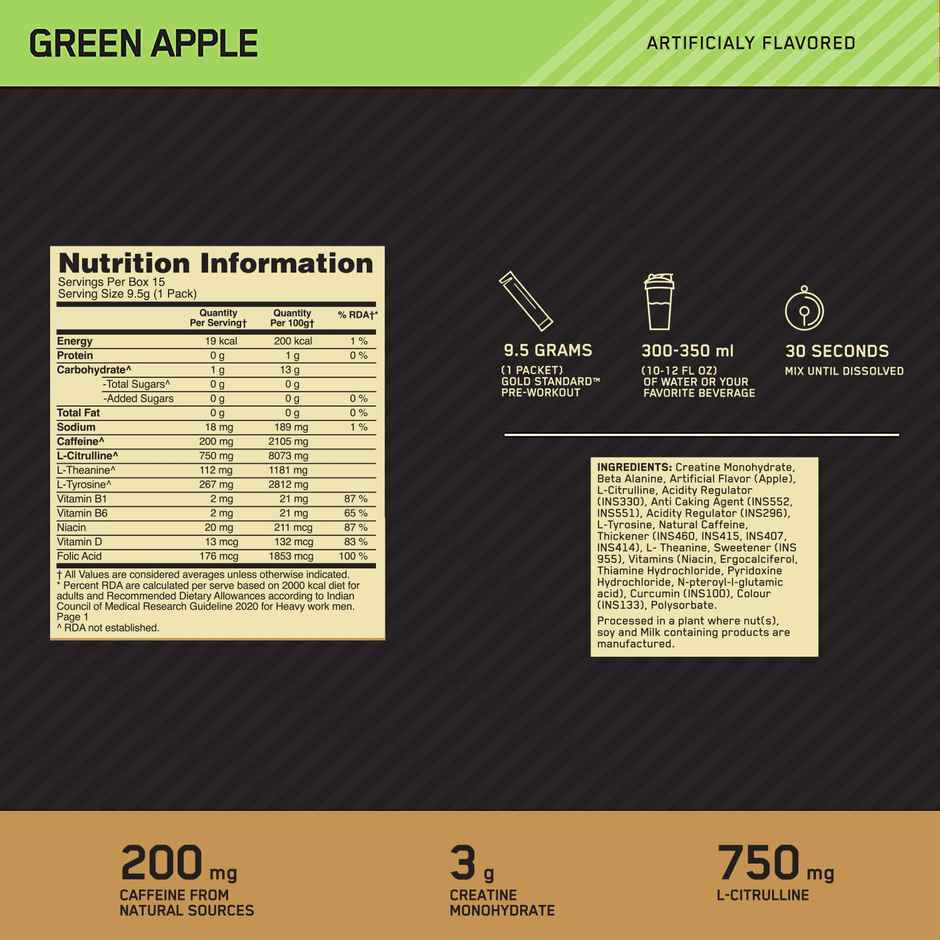 Optimum Nutrition Pre-Workout Green Apple Flavour