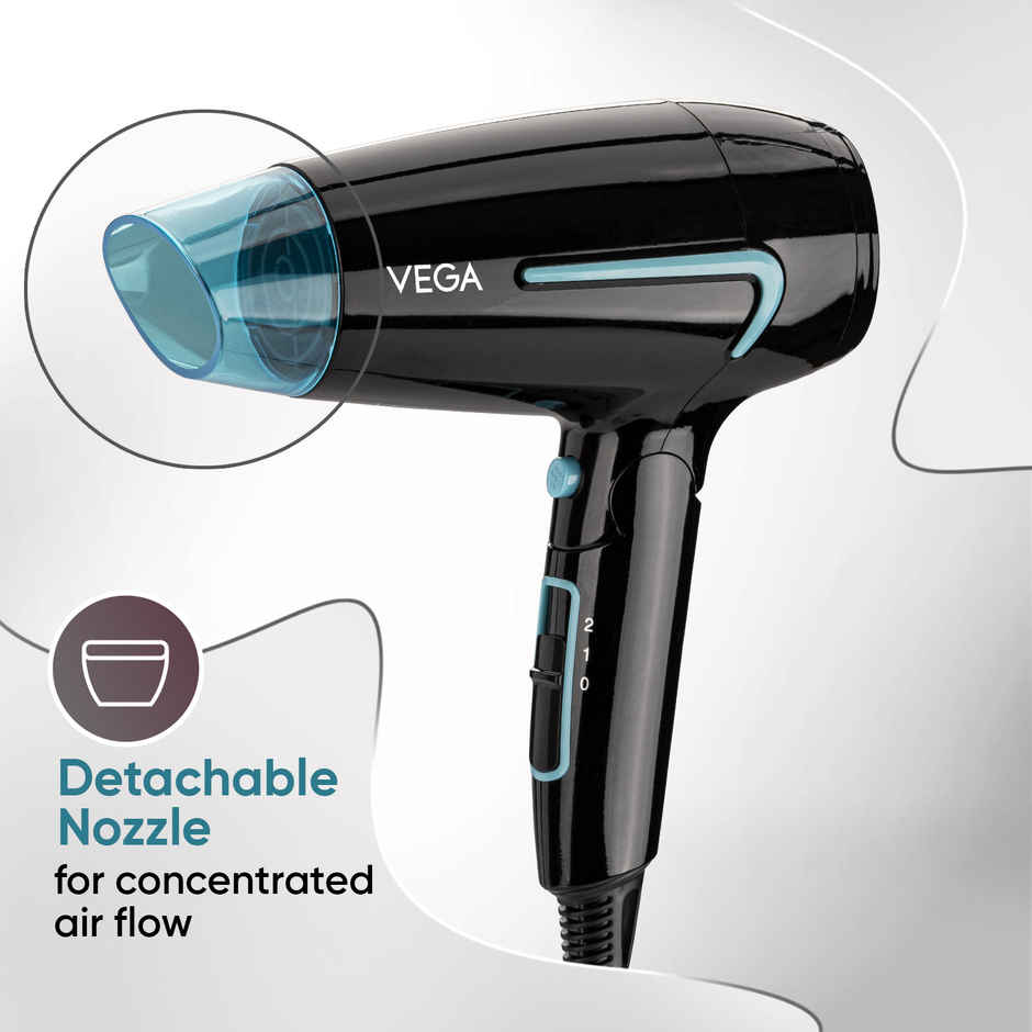 Vega U Style 1400-1600W Foldable Hair Dryer with Cool Shot Button, 2 Speed/Heat Settings, (VHDH-24), With 16 A Plug