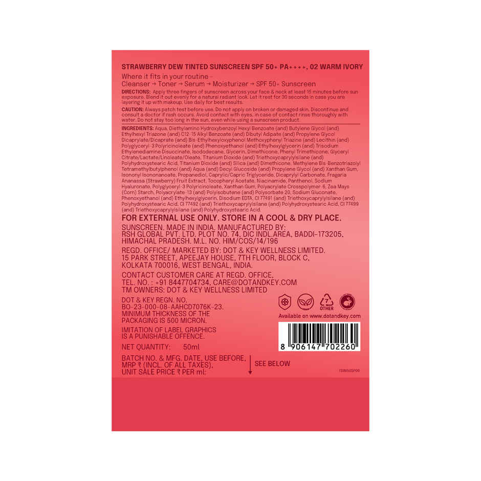 Dot & Key Strawberry Dew Tinted Sunscreen Spf 50+ Pa++++ - 02 Warm Ivory