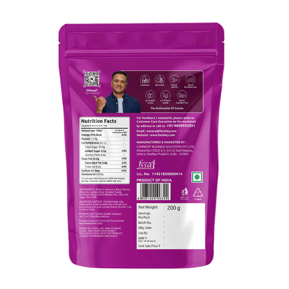 Farmley Trail Mix Dry Fruit- Almonds, Cashews, Cranberries, Blueberries, Blackcurrant & More