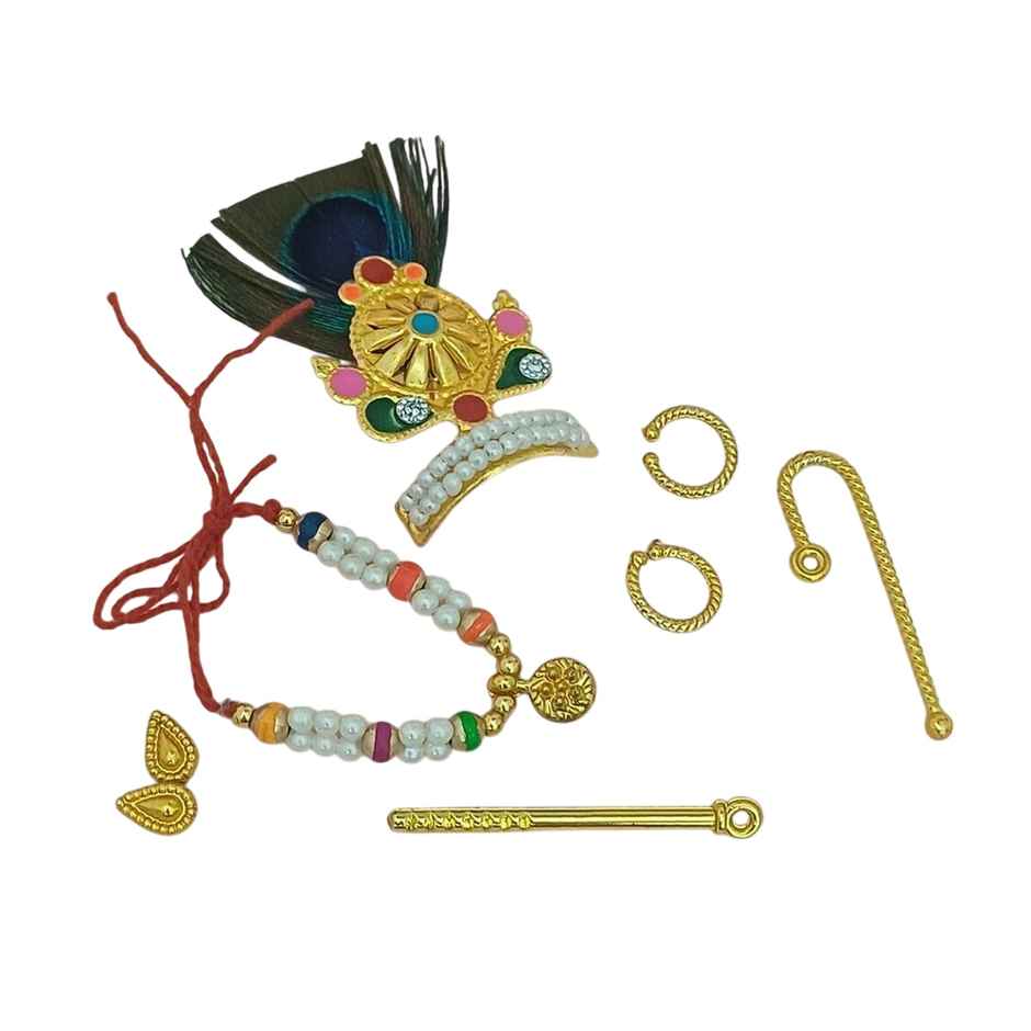 Laddoo Gopal Ornaments Set | Jewellery, Mukut, Bansi, Kangan, Stick | For 2-Inch Idol | Gullak