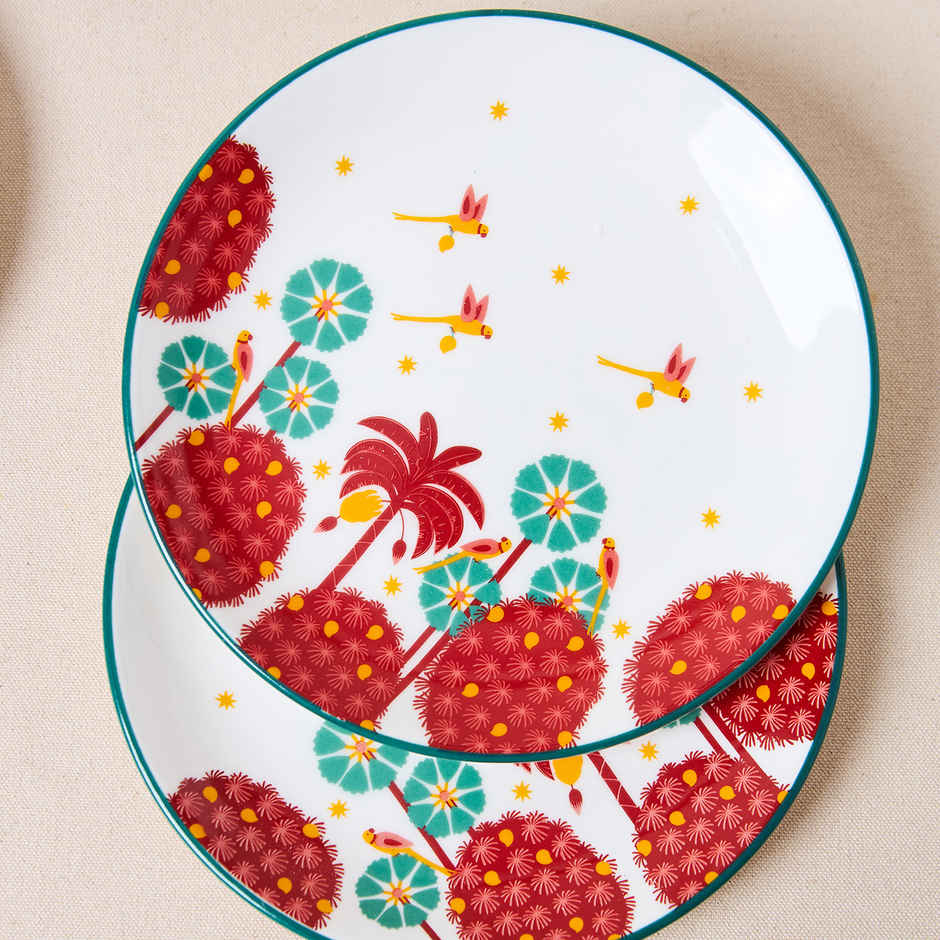 Chumbak Saanjh Snack Ceramic Plates Gift Set | Cream & Red - 7 in