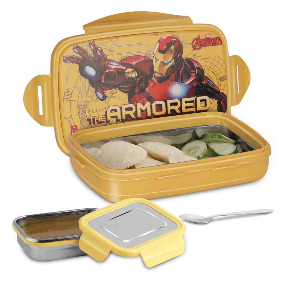 Jaypee Steeltek Sr Insulated Airtight Lunch Box Marvel Avenger Print for School Kids, Yellow, 600ml