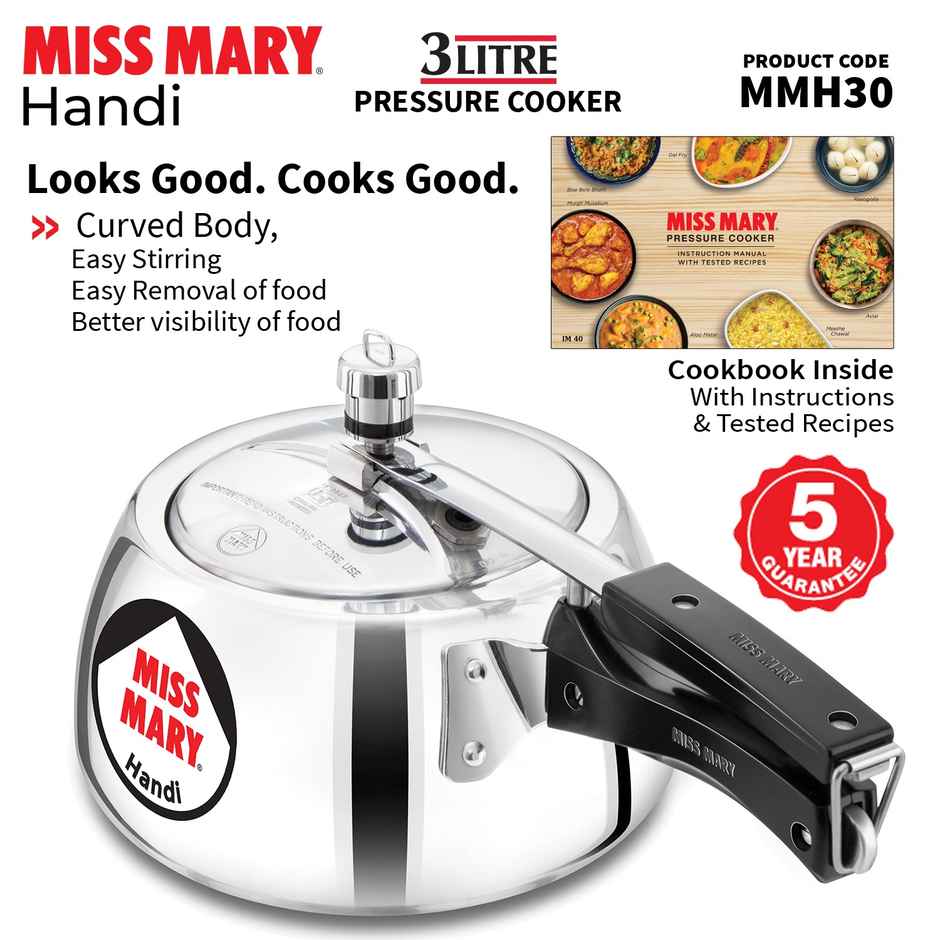 Hawkins 3 Litre Miss Mary Handi Pressure Cooker Inner Lid Cooker - Silver