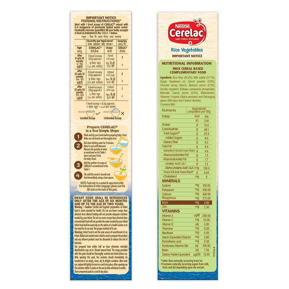 Nestle CERELAC Rice Vegetables Baby Food Cereal (Source of Iron & Protein, 8 -24 Months)