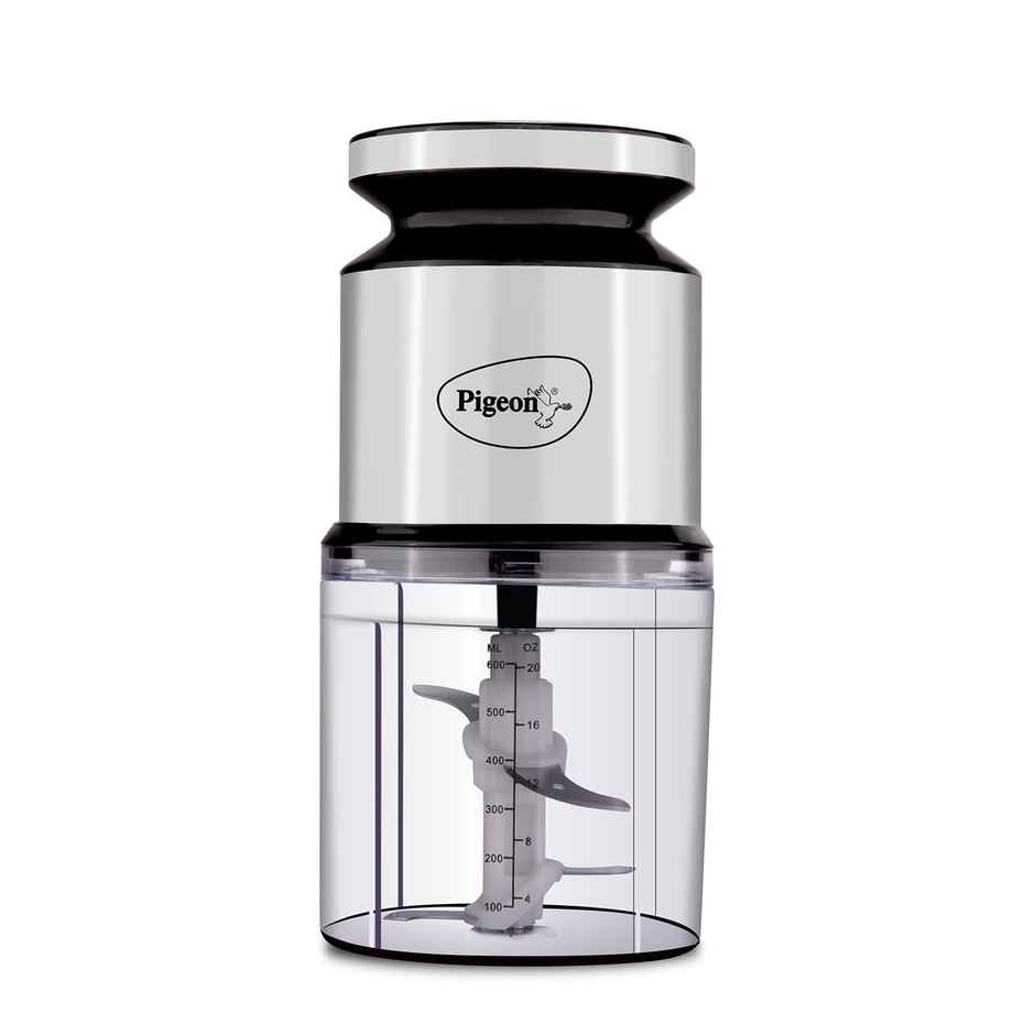 Pigeon Ultra Fast Electric 300 Watts Electric Chopper For Kitchen, Twin Blade Technology, 600 Ml, Plastic Bowl With Lid, Vegetable Chopper, Cutter, Chop, Mince, Dice, Blend - Silver