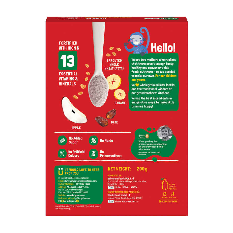 Slurrp Farm First Bites Sprouted Wheat, Apple and Date Cereal with Milk for Little Ones