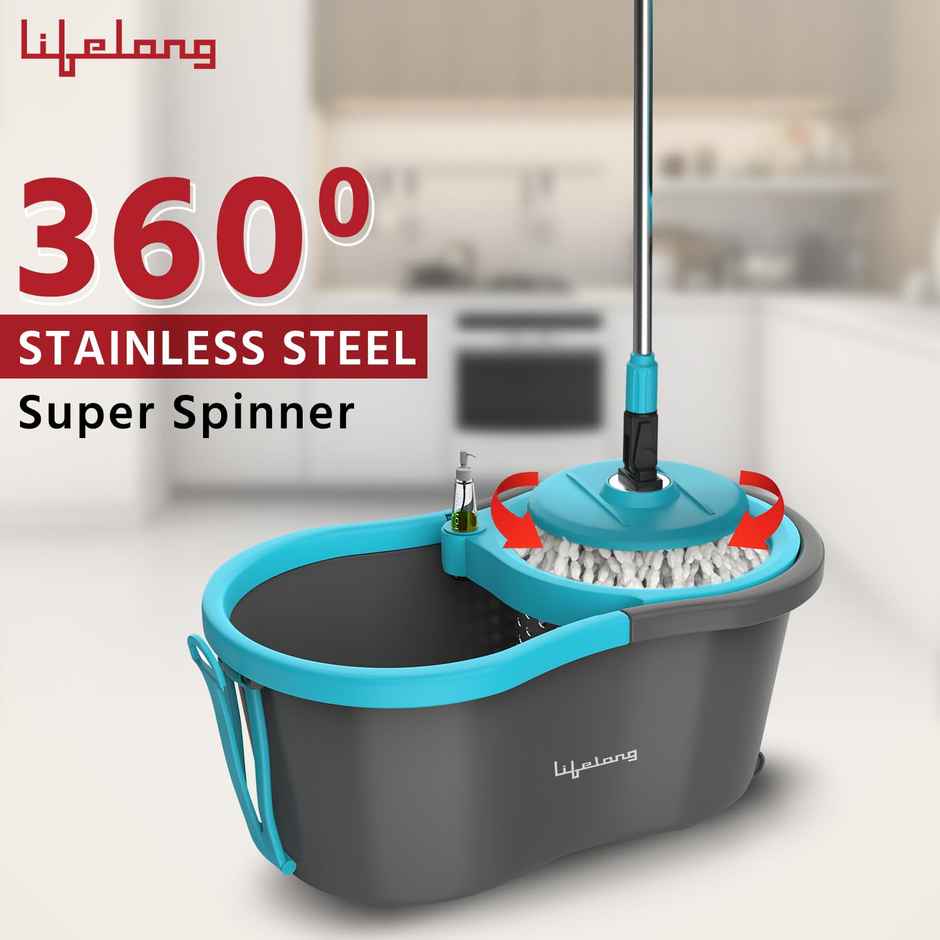 Lifelong 10L Spin Floor Mop with Bucket with 360 Degree Spinner, Microfiber Refills | Blue LLMOP902