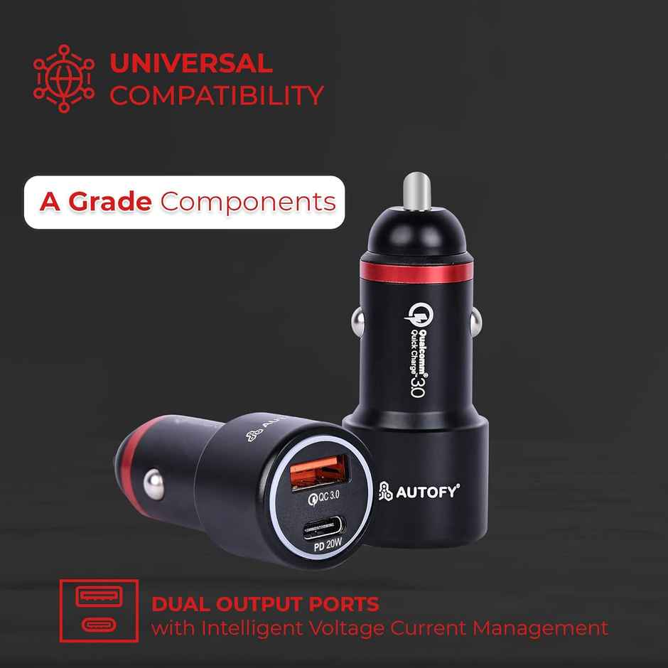 Autofy 38W | 20W Power Delivery Type-C + 18W Qc Certified Qc 3.0 Fast Car Mobile Charger