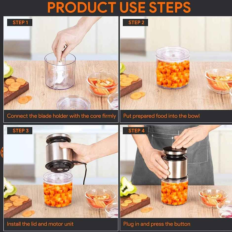 Pigeon Ultra Fast Electric 300 Watts Electric Chopper For Kitchen, Twin Blade Technology, 600 Ml, Plastic Bowl With Lid, Vegetable Chopper, Cutter, Chop, Mince, Dice, Blend - Silver