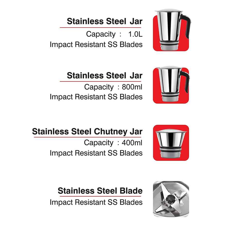 Cello Grind Master Juicer Mixer Grinder With 4 Leak Proof Jars & 1 Spatulla, 500 W, Black & Silver