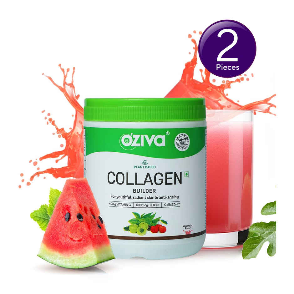 Oziva Vegan Collagen Powder for Skin, Hair and Nails | 40mg Vitamin C | 630mcg Biotin - Watermelon