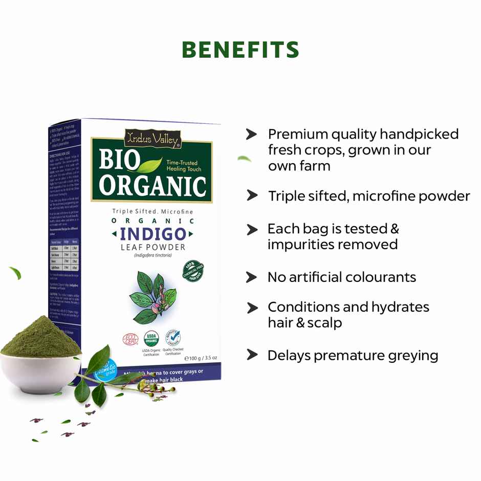 Bio Organic Natural Indigo Powder by Indus Valley for Natural Hair Colour Supports Healthy Hair