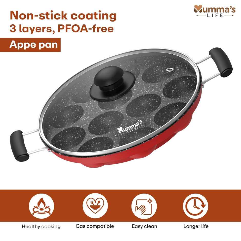 Mumma s Life Non-Stick 12 Cavity Grill Appam Patra 2 Side Handle with Glass Lid | 22 cm