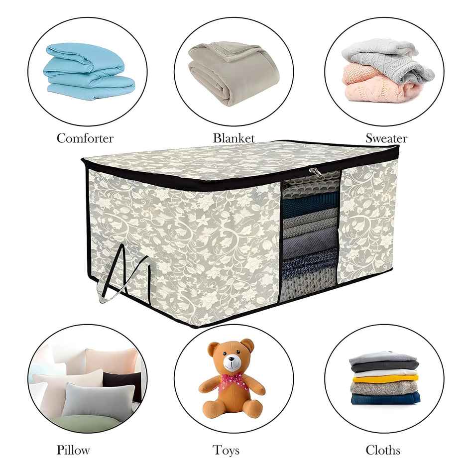 Kuber Industries Flower Underbed Storage Bag|Clear Window|Zipper & Handle|Large|Pack of 2|Black