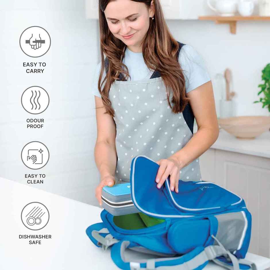 Milton New Mini Stainless Steel Lunch Box | 2 Round Containers | 280 ml Each With Spoon & Fork-Cyan