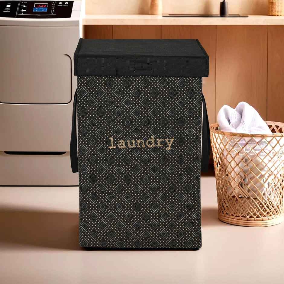 Kuber Industries | 75 L | Golden Dot Foldable Laundry Basket | Lid & Handles | Black