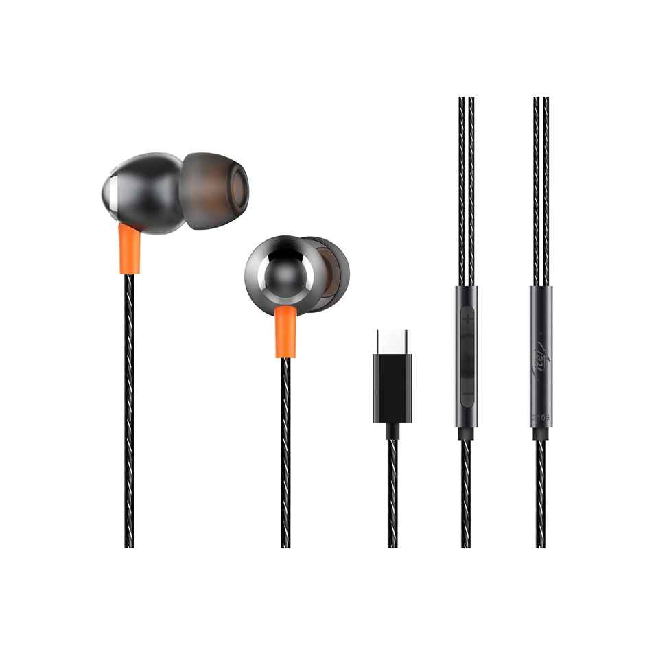itel in Ear Wired Headphones with an in-Line Mic, Type C Port, DAC Chip, Powerful Bass Boost 10Mm Drivers, Aluminium Alloy and Polished Metal Design - Black