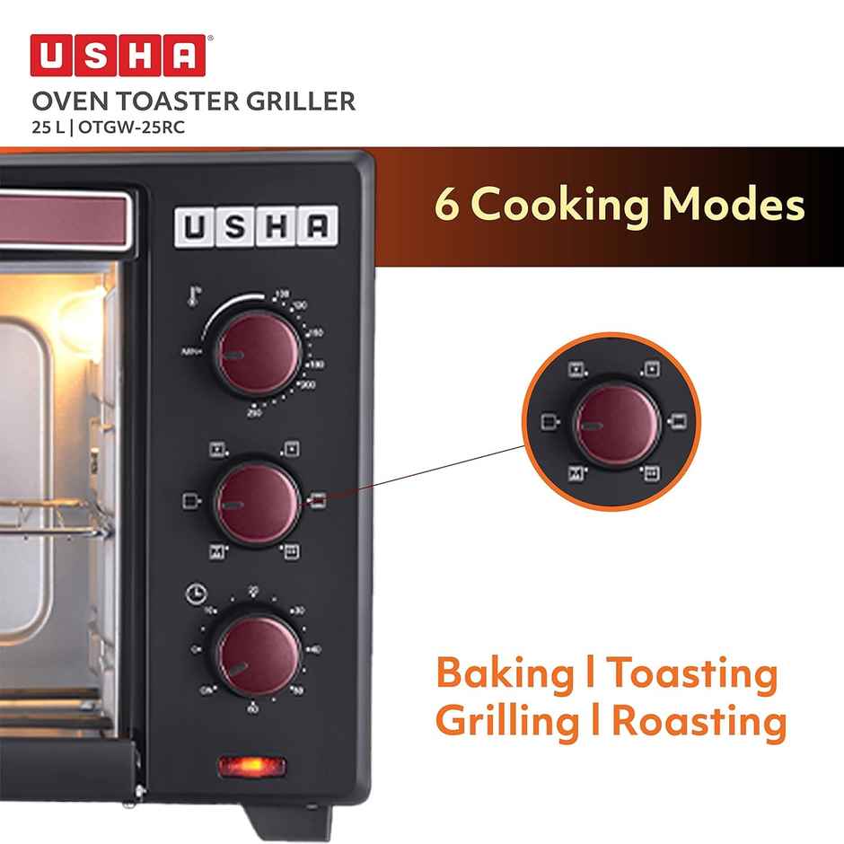 Usha Oven Toaster Griller 25L (1500W, Stay On Feature, 6 Modes, Dual Heating Element, Wine)