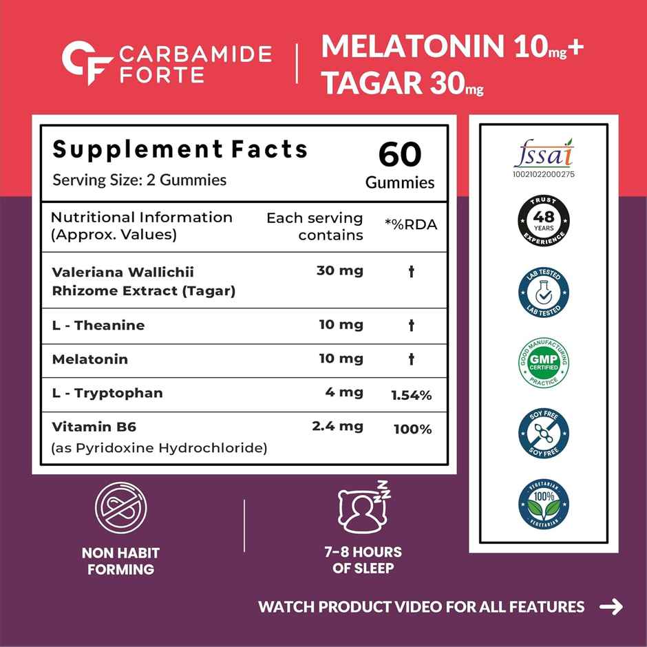 Carbamide Forte Melatonin 10 mg sleep Gummies - with TAGARA 60 Veg Gummies