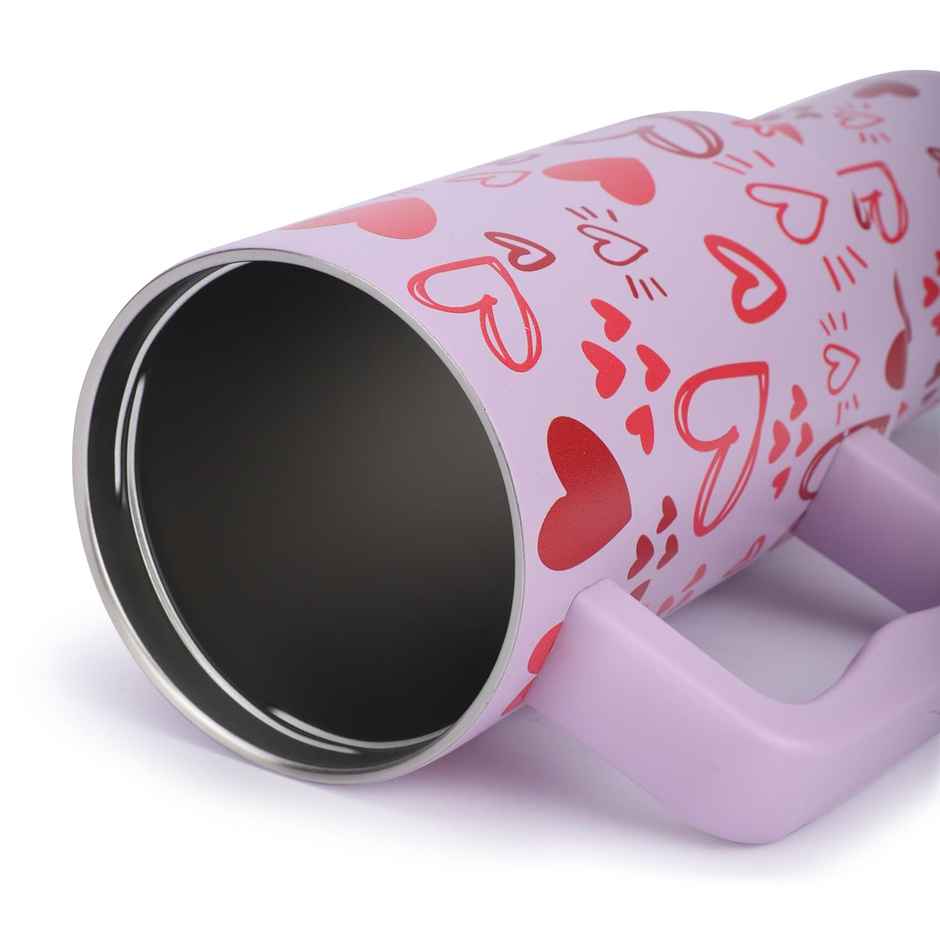 House of Quirk Stainless Steel Tumbler with Handle & Lid | 2 Straws Use | Mauve Heart - 1200 ml