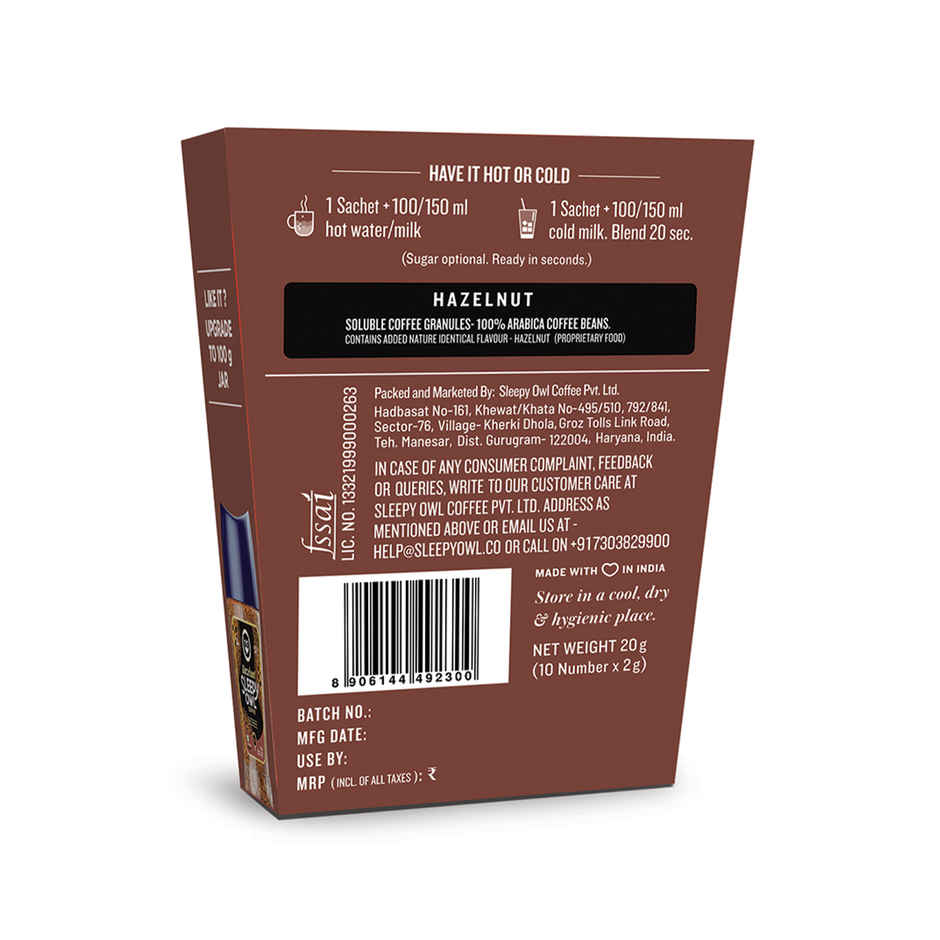 Sleepy Owl Hazelnut 100% Arabica Instant Coffee