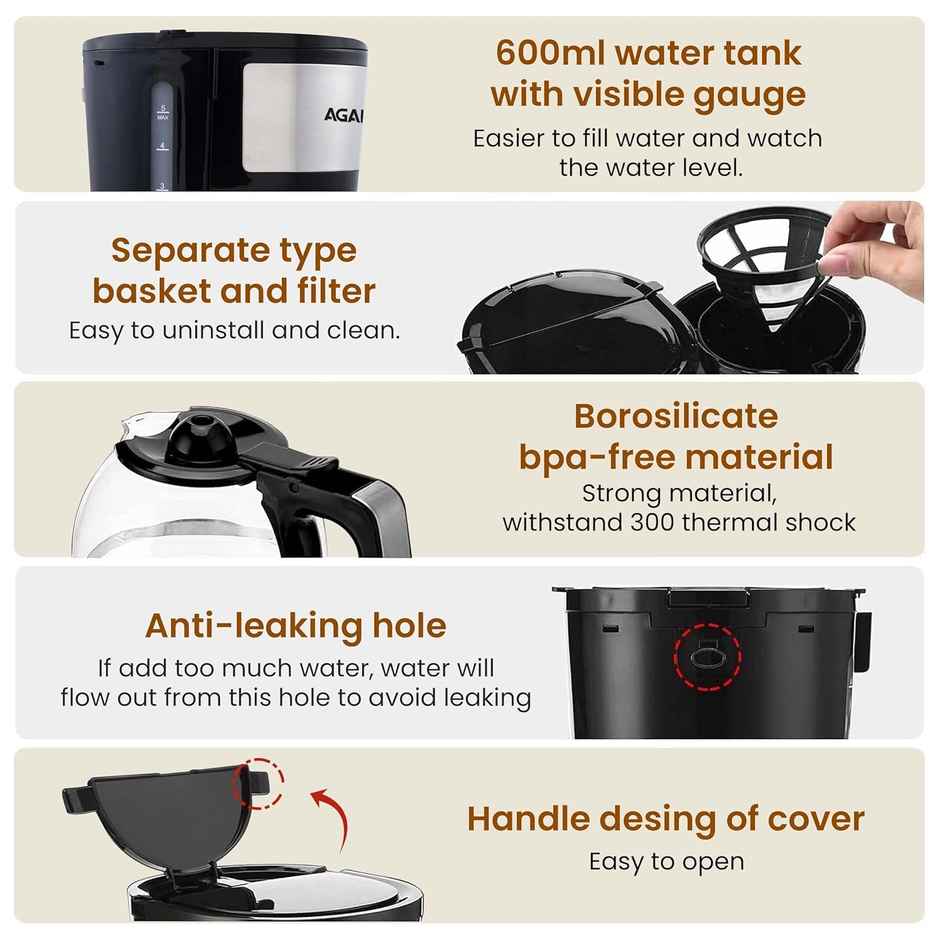 Agaro Royal 4 Big Cups Drip Coffee Maker, 600 Ml Borosilicate Glass Carafe Jar, 750W, Water Tank
