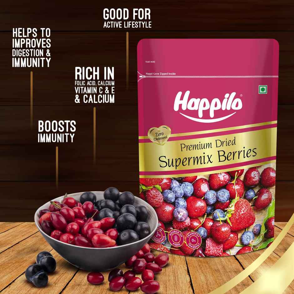 Happilo Dried Supermix Berries|Dried Blueberries |Dried Cherry|Dried Strawberries|Dried Raisins