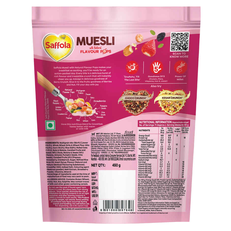 Saffola Muesli Berry Crunch With Flavour Pops, Fruits, Nuts, Seeds, Millets (15 In 1)
