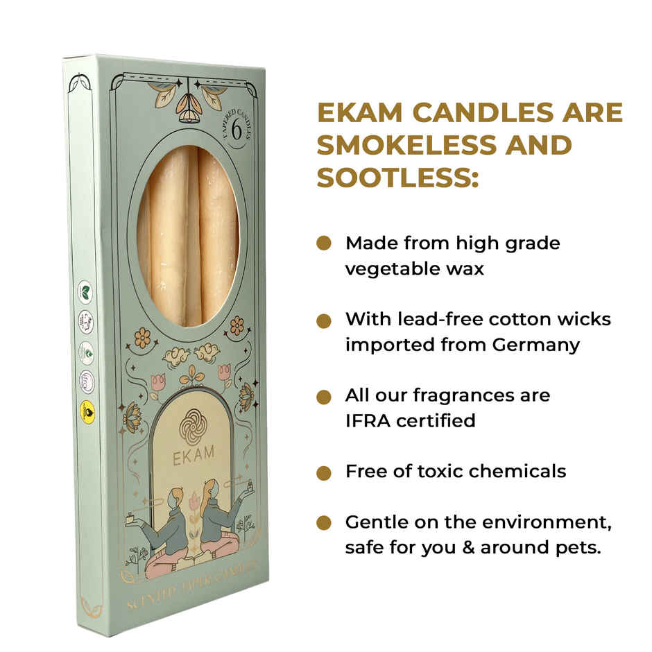 EKAM Scented Taper Candles (6 pcs) Gift Pack | Cedar & Mahogany | 52 g | 6 H Burn | Table Decor