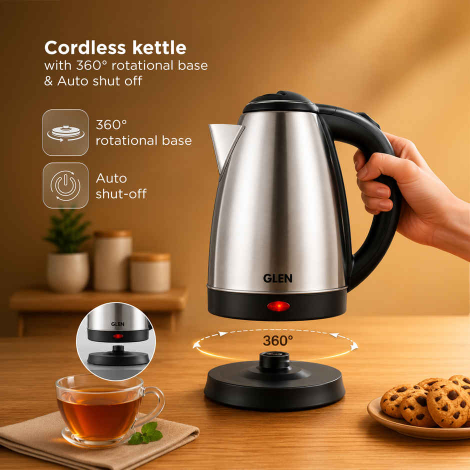 Glen 1500 Watt Electric Kettle Stainless Steel With 360 Degree Rotational Base 1.8 L, Silver (9002)