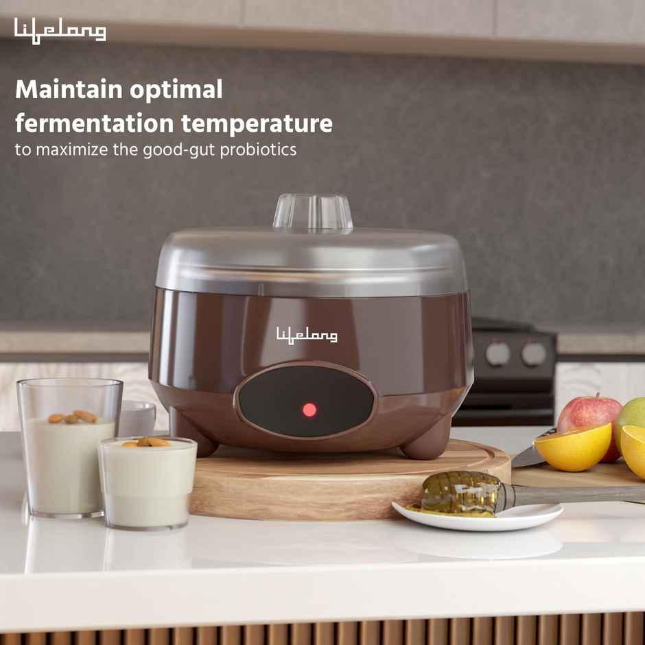 Lifelong LLECM09 Yogurt & Curd Maker for Home, 1 Litre Automatic Curd Maker with Auto Temperature Regulation, 304 Stainless Steel Container - Brown